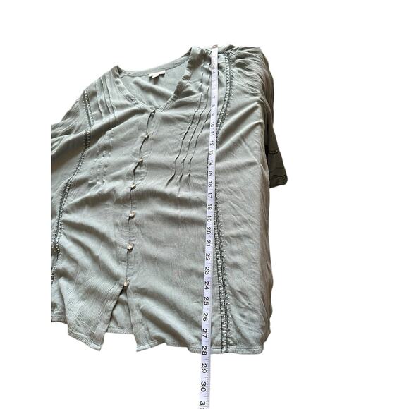 J. Jill Blouse Green V-Neck Work Embroidered Button Up Shirt Large Petite - Picture 12 of 12